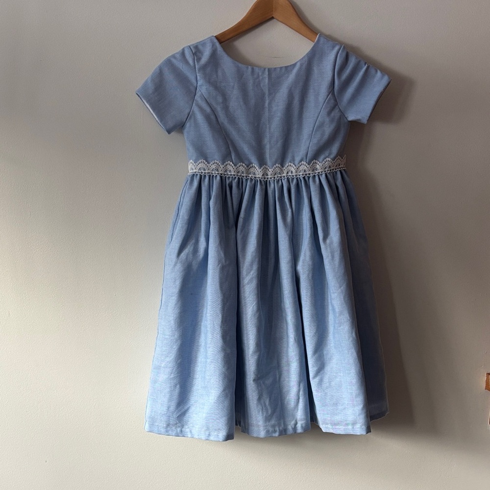 Custom handmade size 8  Blue Kids Dress with Lace Detail
